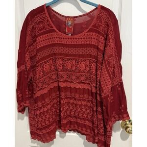 Johnny Was Tunic Blouse‎ Burgundy Maroon Embroidered Wine Red Boho XL